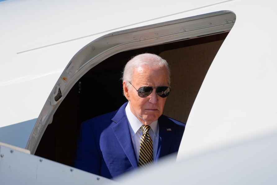 President Joe Biden arrives on Air Force One at Stewart Air National...