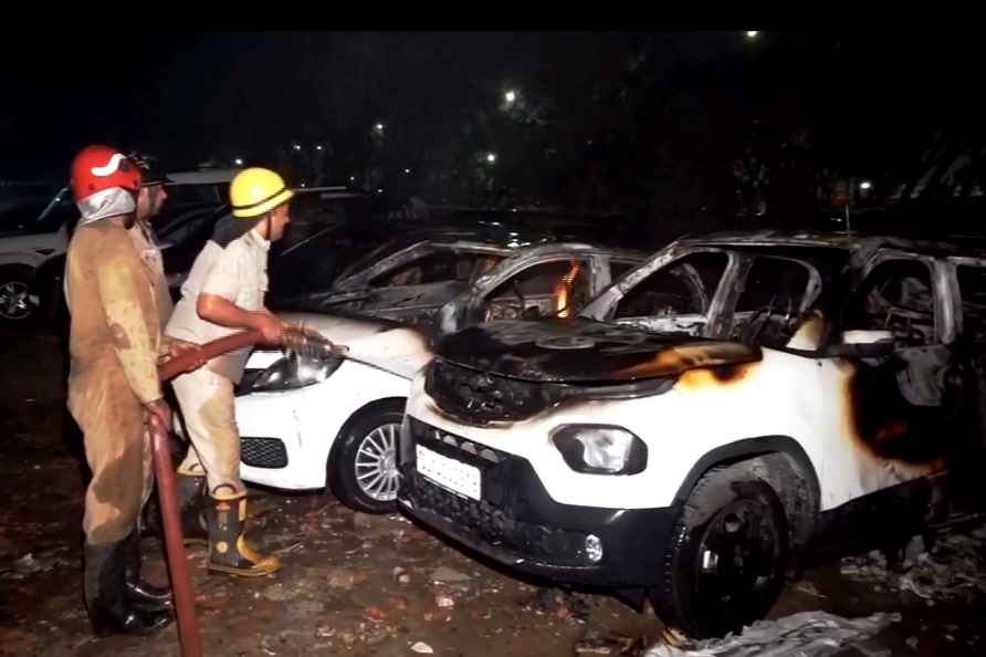 **EDS: SCREENSHOT VIA PTI VIDEO** New Delhi: Firefighter souse flame...