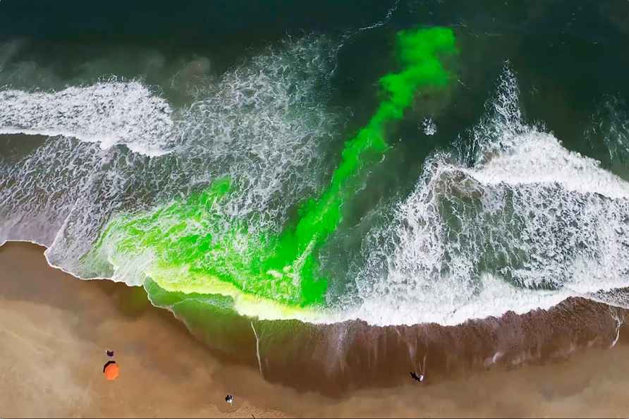 Harmless green dye used to show a rip current