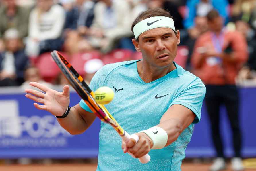 Spain's Rafael Nadal in action during his and Norway's Casper Ruud...