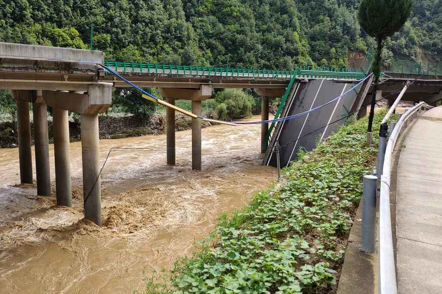 A collapsed bridge is seen in Zhashui County in Shangluo City