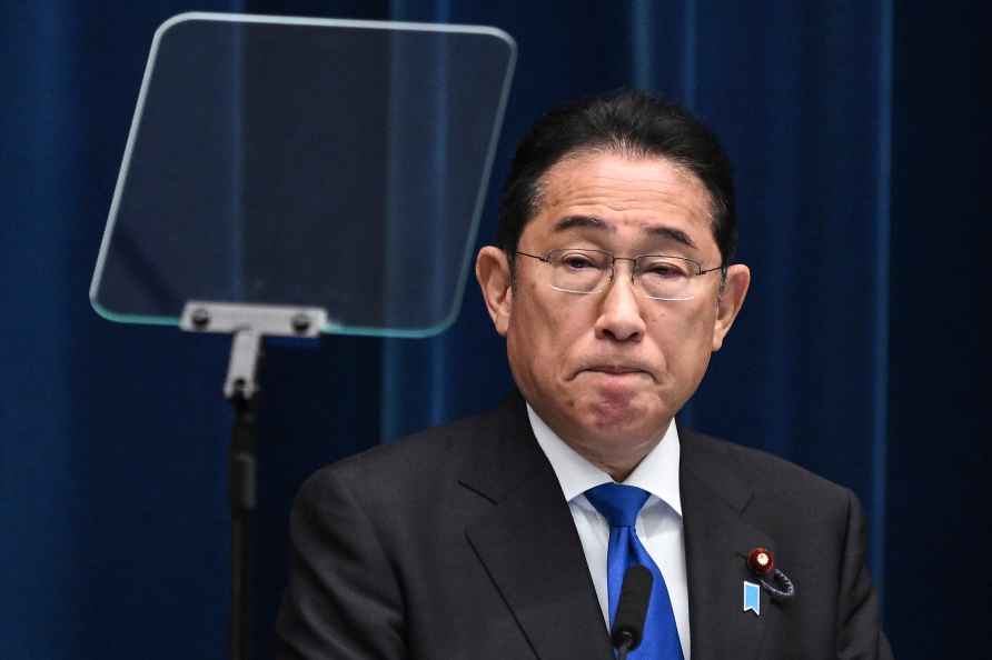 Japan's Prime Minister Fumio Kishida speaks during a press conference...