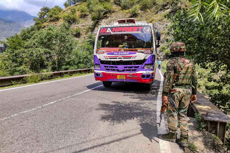 Doda: An Army personnel keeps vigil near the site of an encounter...