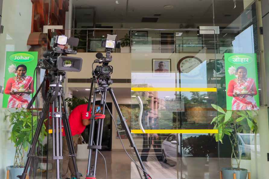 New Delhi: Media equipments outside Jharkhand Bhavan, in New Delhi...