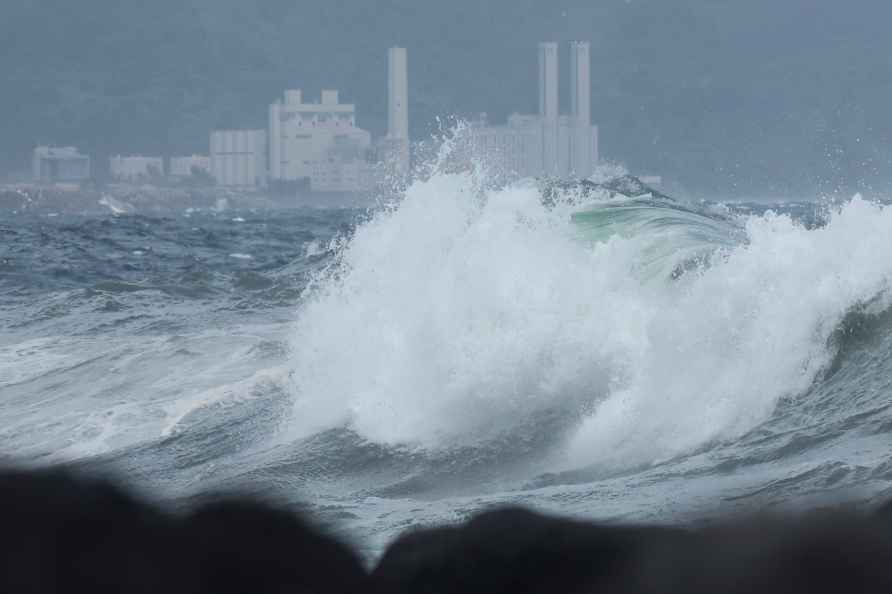 High waves crash ashore as Typhoon Jongdari approaches Jeju Island...