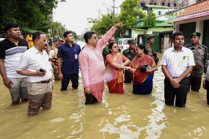 Manik Saha inspects a flood-affected areas