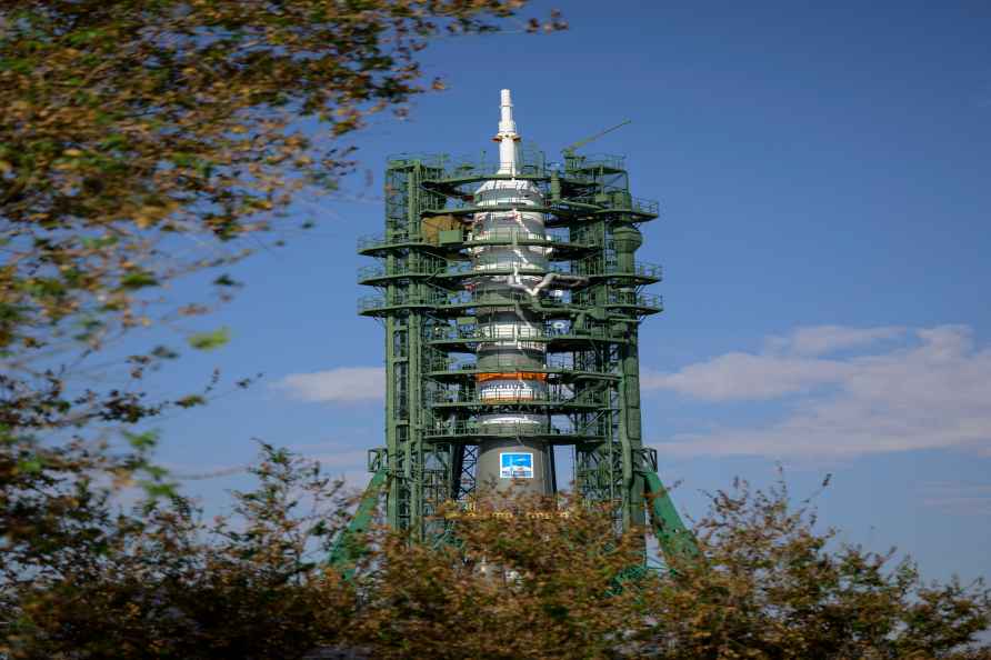 Soyuz rocket is seen on the launch pad