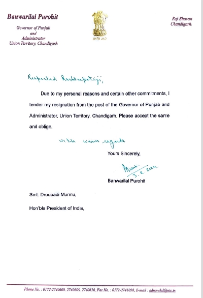 Punjab Governor and UT Administrator Banwarilal Purohit resigns